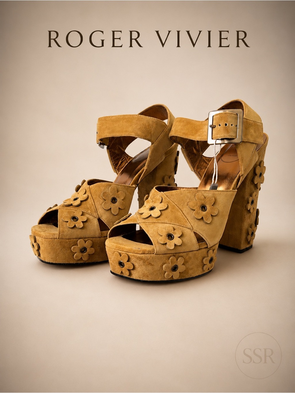 Roger Vivier Plateau Gipsy Flower Suede Platform Sandals Camel EU 39.5 NIB